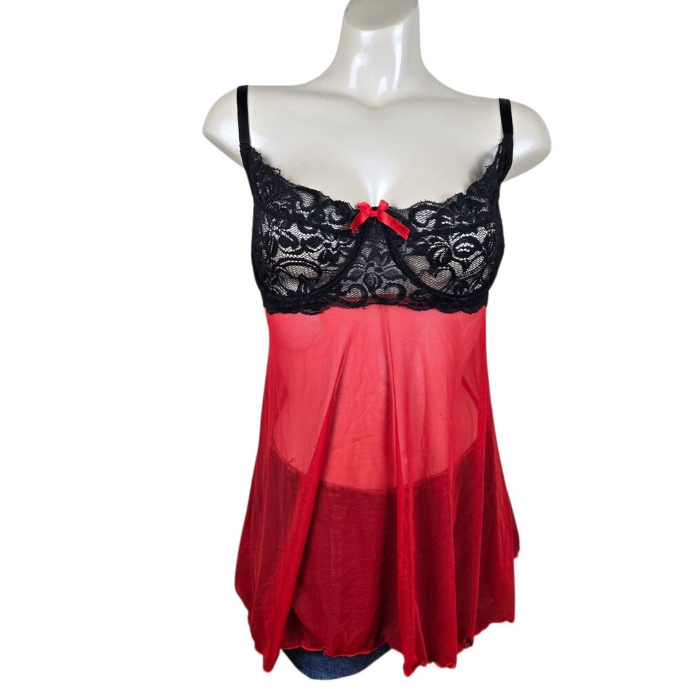 Coquette Babydoll Cami Top Sz 1X / 2X Red Black Lace Sheer Coquette Vampy Goth